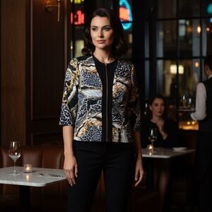 Frank Lyman zip-up sweater jacket animal print gold chains